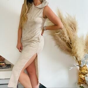 JOLIE Oatmeal Cream Hoodie Hood Tank Side Slit Maxi Midi Lounge Dress